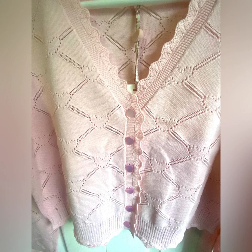 NWT LoveShackFancy Petra Knit Heart Argyle Cardigan Velour Pink - Picture 6 of 13